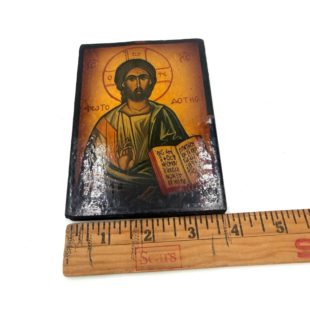 Byzantine Jesus Christ Pantocrator Orthodox Icon 4x5.5 Gold Green Wood Block